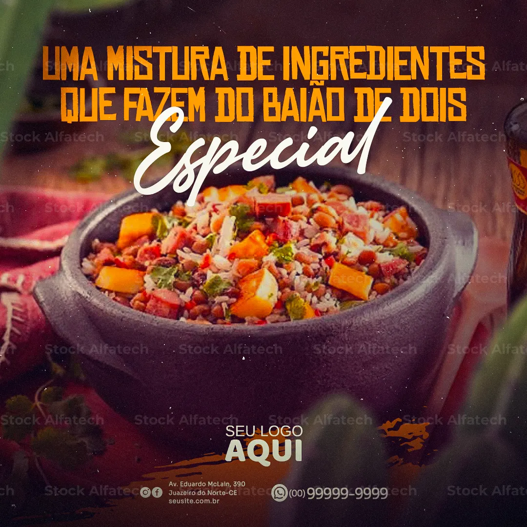 Baião de dois quentinho e cheio de sabor em Psd flyer 100% editável