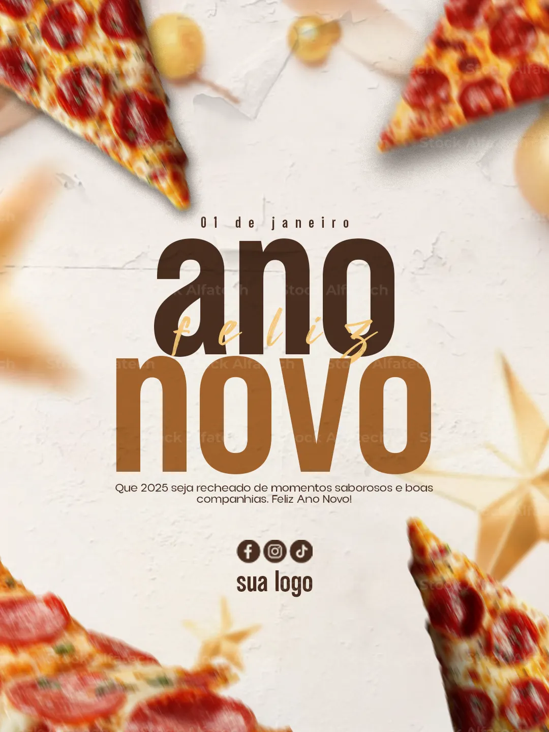 Ano Novo com pizza e clima sofisticado para chamar atenção nas redes — Psd feed 100% editável