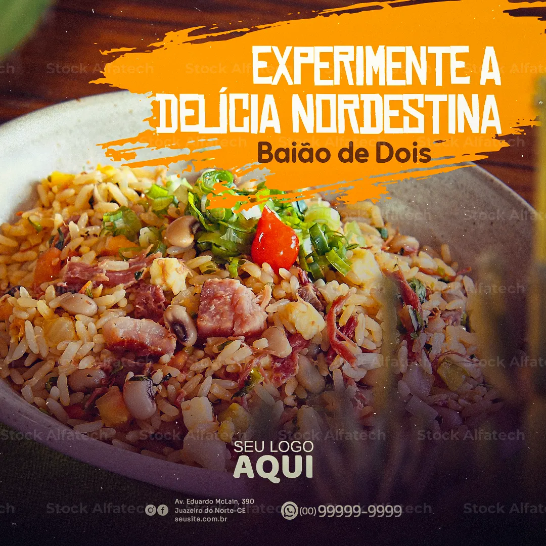 Baião de dois cremoso e bem servido em Psd flyer 100% editável
