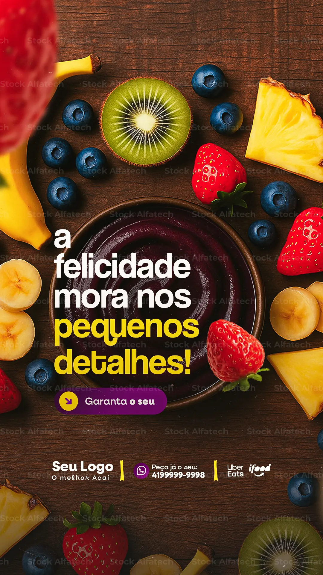 A felicidade mora nos pequenos detalhes com açaí e frutas — Psd flyer 100% editável