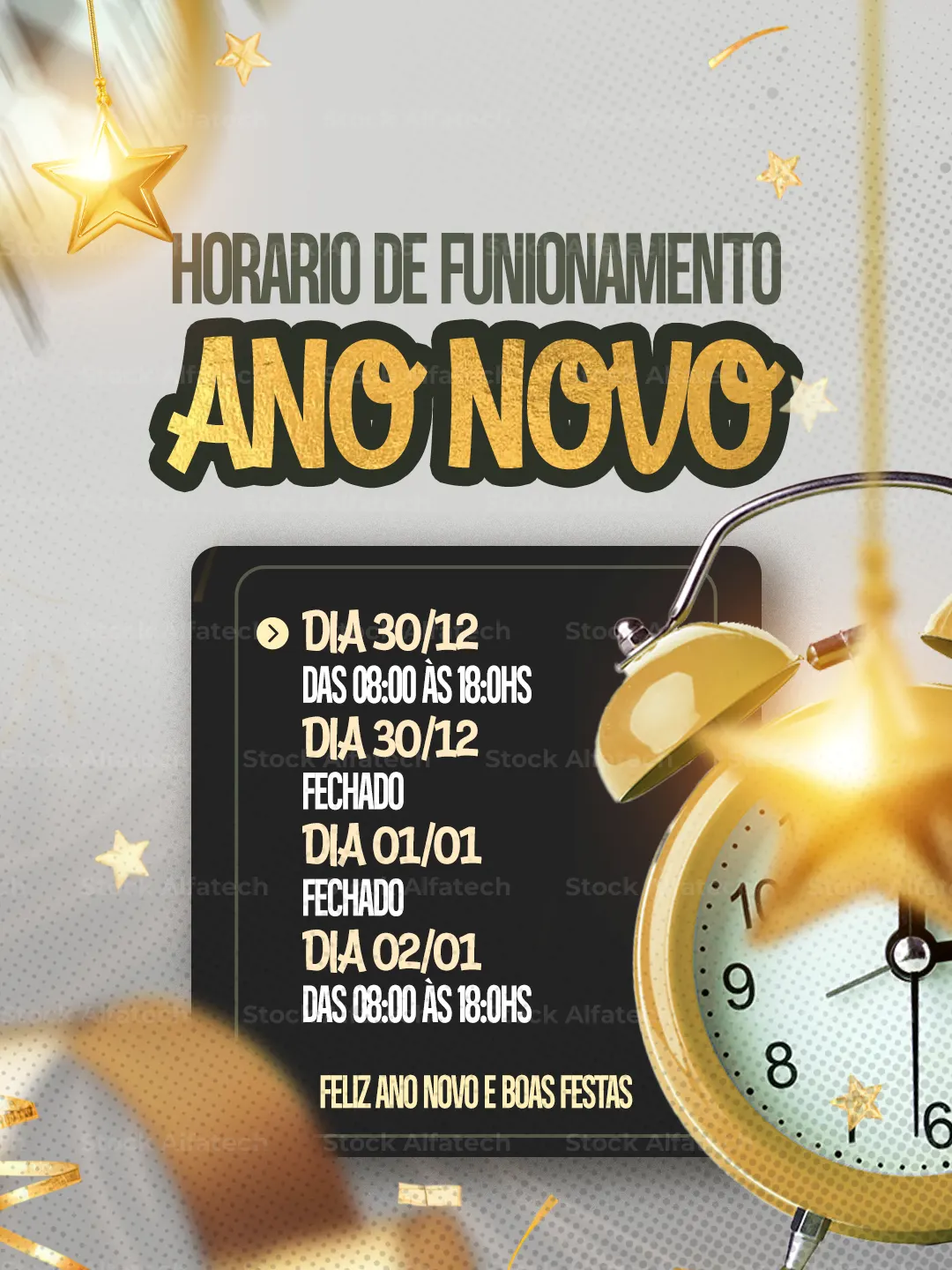 Horário de funcionamento no Ano Novo com layout claro e informativo — Psd feed 100% editável