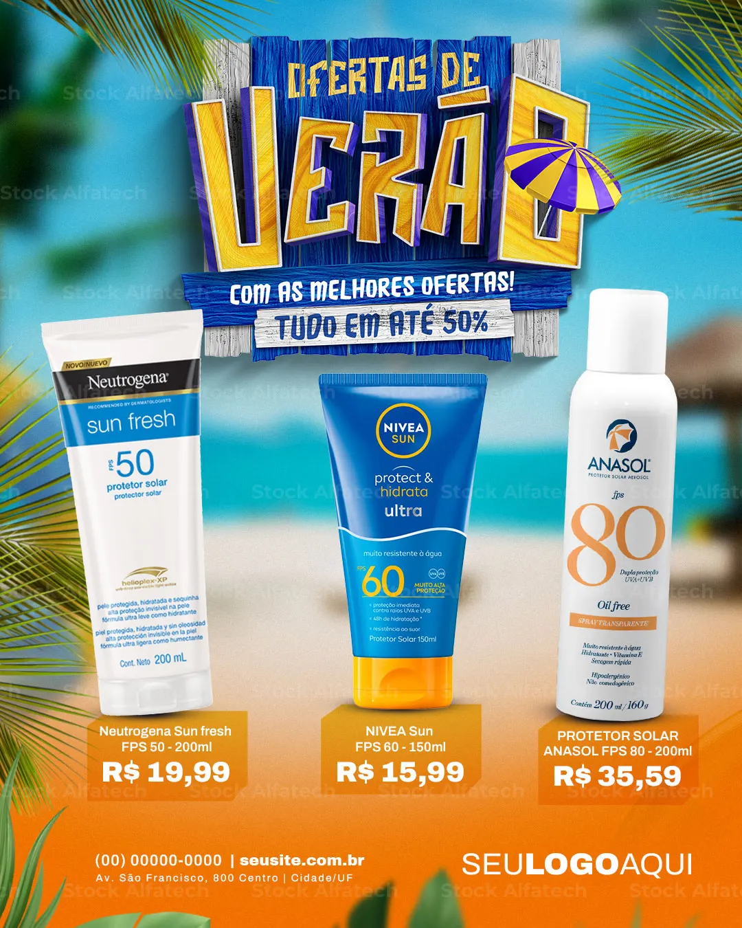 Ofertas de verão com protetor solar e cuidados diários — Psd flyer 100% editável